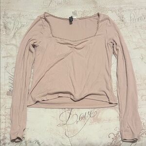H&M Light Pink Ribbed Long-Sleeve Square Neck Top